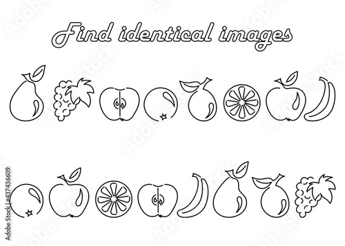 Find the same pictures-educational game for children. Set with fruit silhouettes . Apple pear plum pineapple and others. Preschool educational game. Black and white Vector illustration.