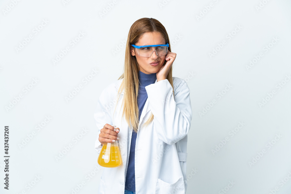 Young scientific woman isolated on white background frustrated and covering ears Young scientific woman isolated on white background frustrated and covering ears