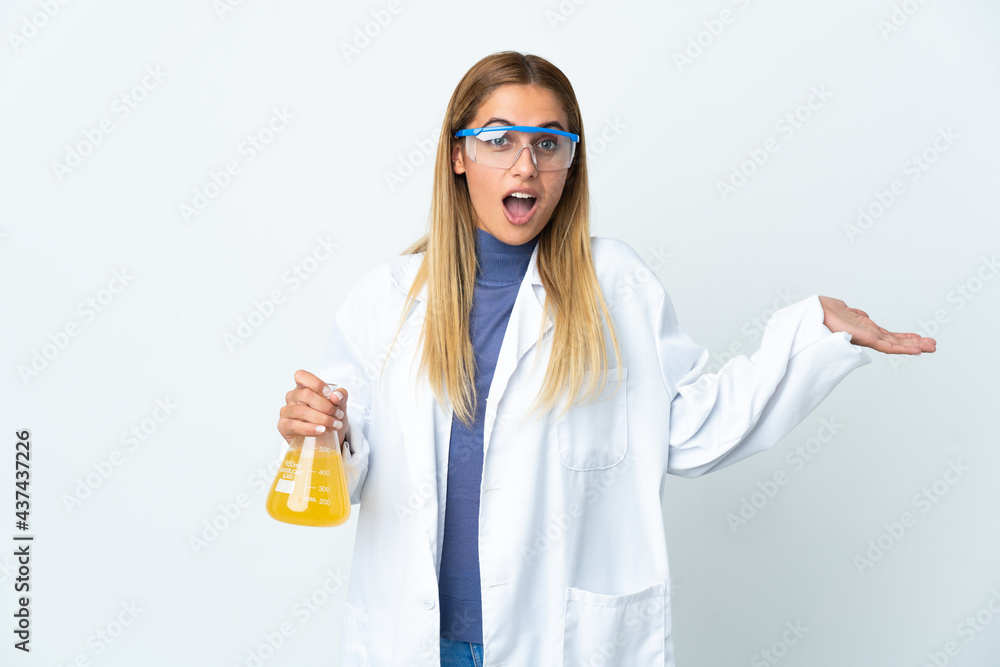 Young scientific woman isolated on white background with shocked facial expression Young scientific woman isolated on white background with shocked facial expression