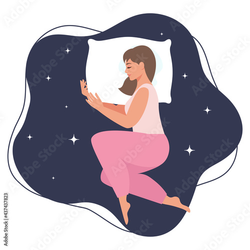 Young woman sleeping. Sweet dreams concept, health sleep. Design template with sleeping pose for advert, banner, flyer, layout. Vector isolated illustration in flat style