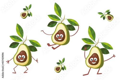 Cute and funny avocado character in comic style looking up, cartoon vector illustration isolated on white background.