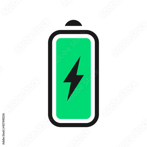 Charging  battery icon vector. Isolated in charge smartphone battery symbol on white background. Black and green battery sign with lightning bolt. Vector illustration.
