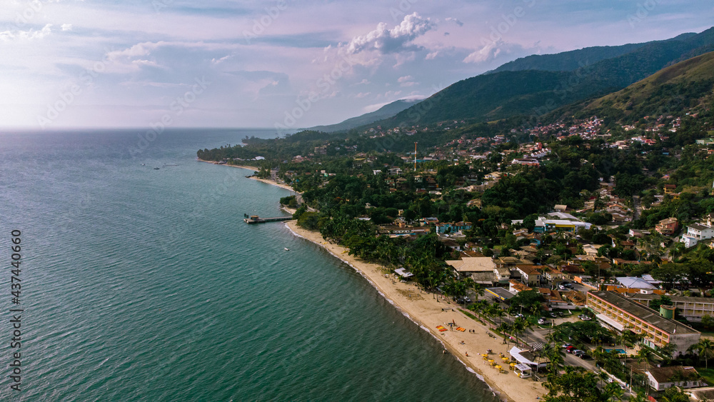 Tropical Island Landscape Beach Sun Sand Waves Water Horizon Nature Trees Green Blue Islander Drone Aerial Ilhabela Brazil