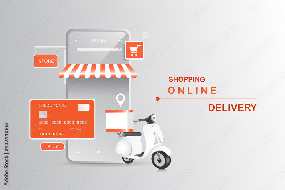 Online shopping and payment online template with smartphone application,shopping online on website concept and delivery concept,vector 3d isolated Online shopping and payment online template with smartphone application,shopping online on website concept and delivery concept,vector 3d isolated