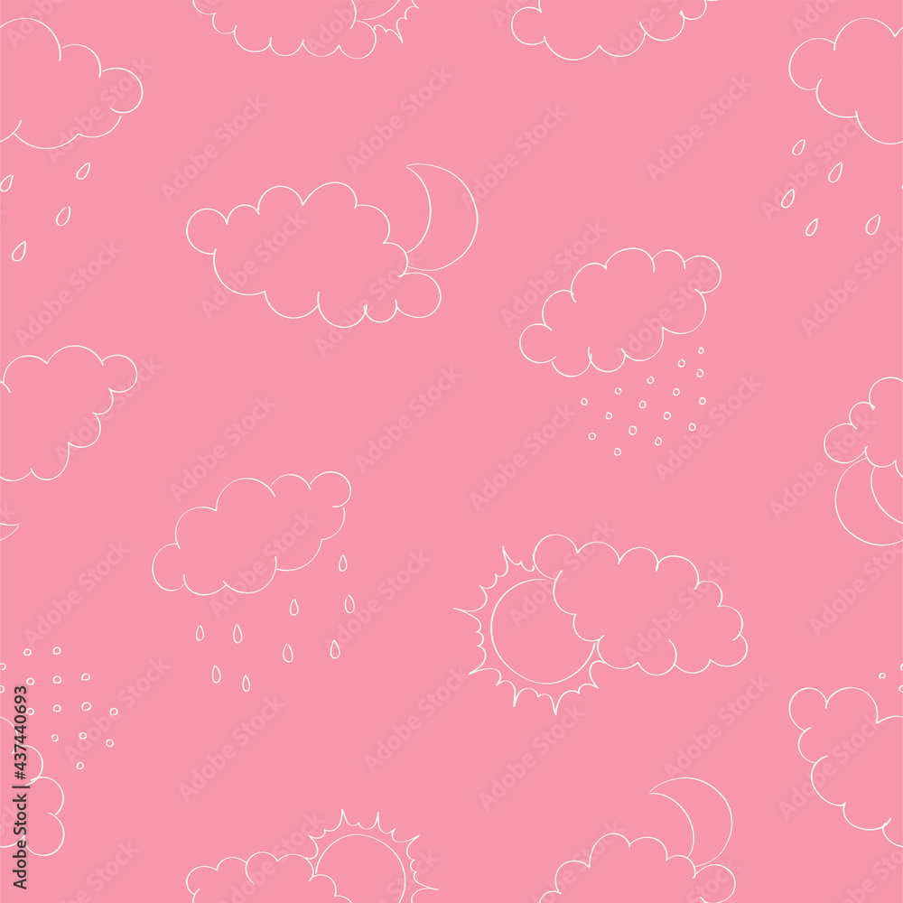 Seamless pattern with white clouds, sun and moon, rain and snow on pink background. Hand drawn contour sketch. Background for poster, cover booklet, banner, surface design. Seamless pattern with white clouds, sun and moon, rain and snow on pink background. Hand drawn contour sketch. Background for poster, cover booklet, banner, surface design.