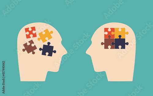 Two human heads expressing mental and psychological health. Puzzle pieces as symbol of thoughts in head. Psychotherapist, before and after session of psychotherapy. Vector flat illustration.