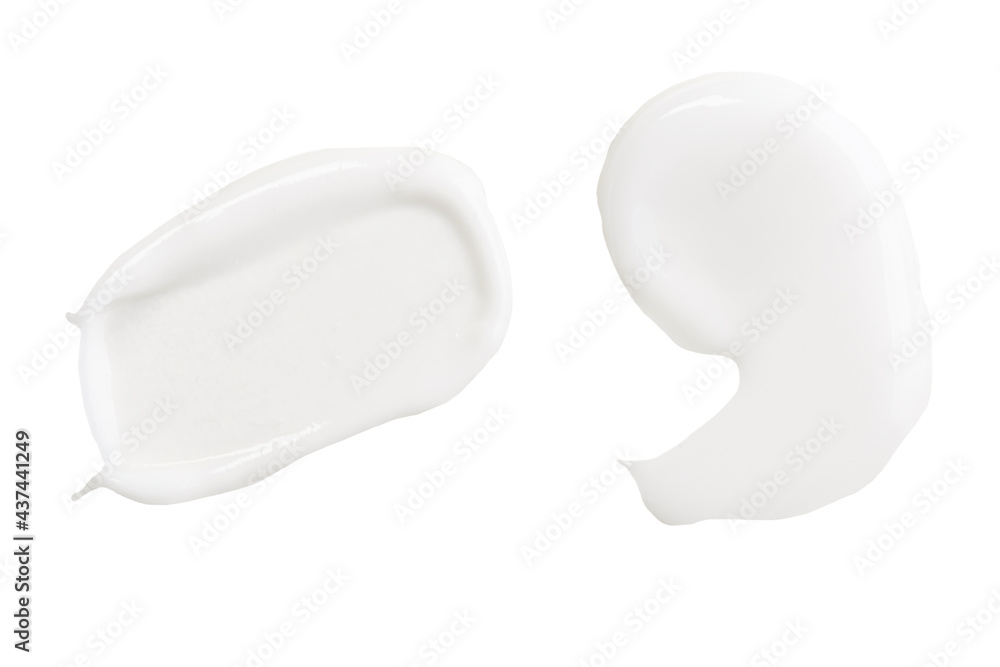 White face cream swirl swatch isolated. Body lotion drop. Cosmetic makeup product sample on white background. White face cream swirl swatch isolated. Body lotion drop. Cosmetic makeup product sample on white background.