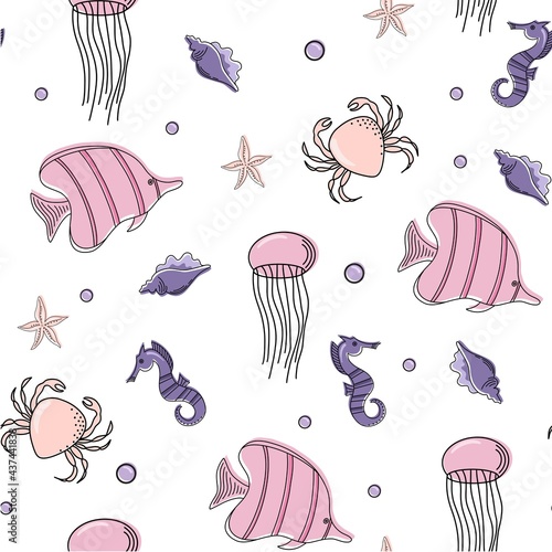 Seamless pattern with seashells, corals and starfish, fish, crab. Vector illustration.