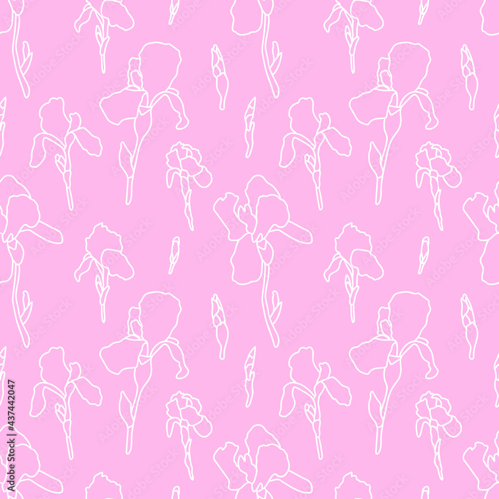 Beautiful iris flowers bloom in summer. Botanical seamless vector pattern for girls. Hand-drawn illustration on pink background for design of fabric, paper, notebooks. White plants in doodle style Beautiful iris flowers bloom in summer. Botanical seamless vector pattern for girls. Hand-drawn illustration on pink background for design of fabric, paper, notebooks. White plants in doodle style