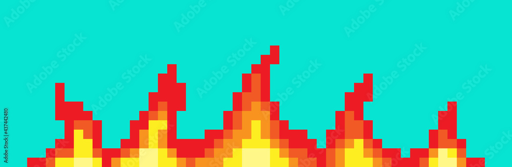 Pixel fire. Art 8 bit fire objects. Game icons set. Comic boom flame effects. Bang burst explode flash dynamite with smoke. Digital icons.