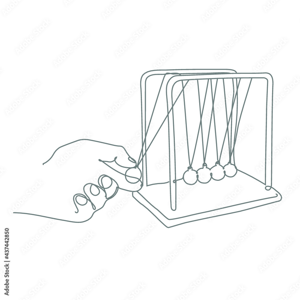 A single line drawing of Newton's Cradle, showing a hand dropping the first ball.