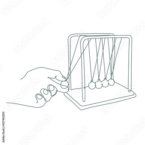 A single line drawing of Newton's Cradle, showing a hand dropping the first ball.