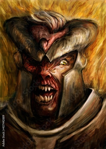 His face grimaced in agony, part of his skin is missing and his fangs stick out. he is wearing an old metal helmet and armor. against the background of bright opange fire and light. 2D illustration