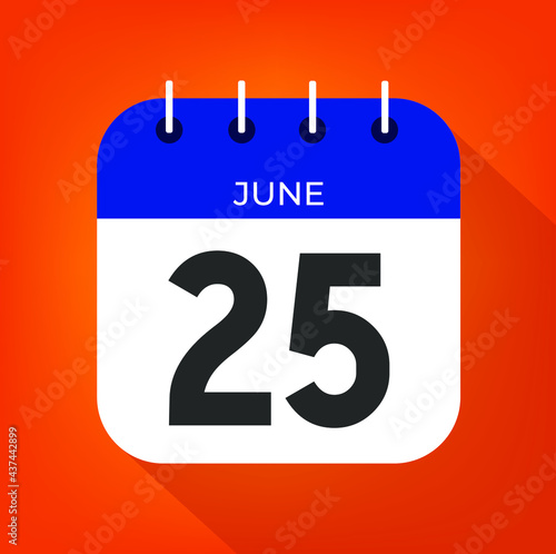 June day 25. Number twenty-five on a white paper with blue color border on a orange background vector.