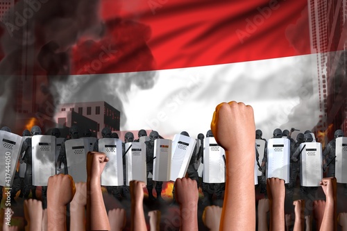 revolt stopping concept - protest in Yemen on flag background, police squad stand against the angry crowd -  military 3D Illustration