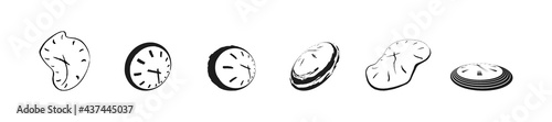 Clock icon set in liquid deformed grunge line Dali style, collection vector illustration, melting clocks distorted shape.