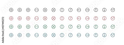 Vector icons of colored icons in circles. A set of symbols for a check mark, cross, plus and minus, arrows. Collection of black, red, blue and green flags and other signs on a white background.