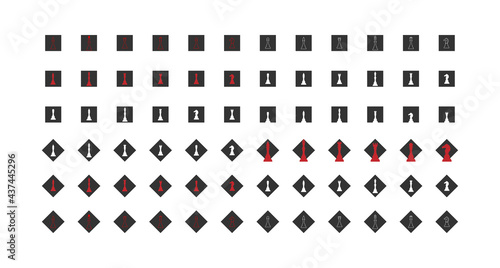 Set of icons of chess pieces, in a black square. Collection of vector illustrations, white, chiorny and red chess on the background of chjorny square.
