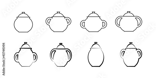 Pot icons collection. Pots with handles and lids. Set of black and white drawings of pots. Vector illustration of cast iron icons.