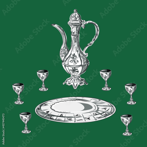 A set of cognac, wine, liqueur. Jug, glasses, tray. Kitchenware. Dishes. Kitchen. Isolated vector objects.