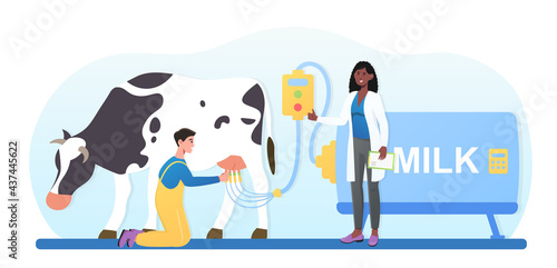 Male and female characters are using a milk system to milk a cow