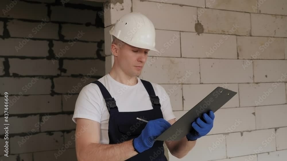 Portrait of a builder in a white helmet checking the construction of a building. Portrait of a builder in a white helmet checking the construction of a building.