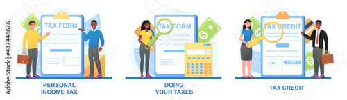 Male and female characters filling out taxes and fees forms on clipboard