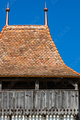 Architectural details of medieval church. View of fortified church of Viscri, UNESCO heritage site in Transylvania. Romania, 2021. photo