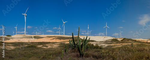 Panoramic view of large wind turbines producing clean and sustainable energy, clean energy future. Sand dunes on the coast of the state of Ceará, northeastern Brazil.