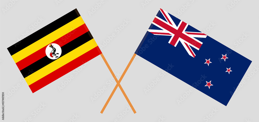 Crossed flags of Uganda and New Zealand. Official colors. Correct proportion