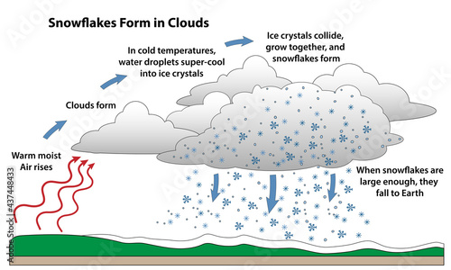 Snowflake formation in a science diagram. How snow forms into flakes as warm air rises and condenses. Cold temperatures cause water droplets to freeze into ice crystals that collide and grow together.