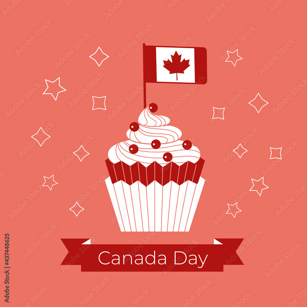 Canada Day Cupcake and flag vector greeting card. Canada day test on red ribbon. Canadian flag with maple leaf in cupcake cartoon illustration. 1st July festive event celebration decorative background Canada Day Cupcake and flag vector greeting card. Canada day test on red ribbon. Canadian flag with maple leaf in cupcake cartoon illustration. 1st July festive event celebration decorative background
