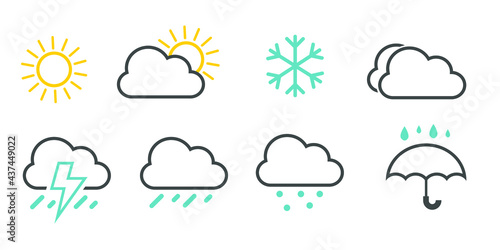 Weather icons set isolated on a white background. Clouds logo and sign collection. Black, blue and yellow colors. Simple modern design. Flat style vector illustration.