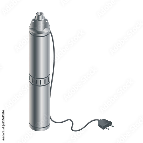 Vector illustration well pump isolated on white background. Realistic metal water pump icon in flat cartoon style. Isometric vector illustration water pump for home and industrial.
