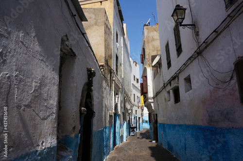 Narrow White-and-Blue painted Street in the Old Medina. Casablanca, Kingdom of Morocco. © aerrant