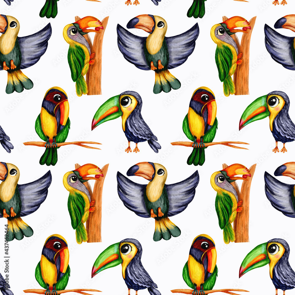 Fototapeta premium Hand drawn watercolor seamless pattern of toucan tropical birds in cute cartoon style