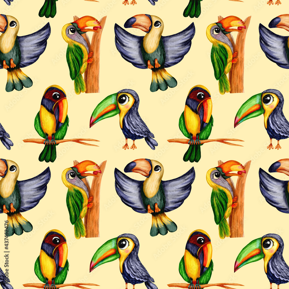 Hand drawn watercolor seamless pattern of toucan tropical birds in cute cartoon style Hand drawn watercolor seamless pattern of toucan tropical birds in cute cartoon style