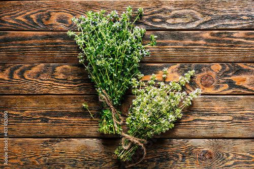 Bunches of fresh thyme of different varieties. Fragrant Spicy Herbs