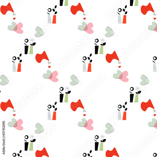 Geometric abstraction pattern. Vases and flowers. Hearts. Wallpaper for the bedroom. Curtains for the living room and bedroom. Vector. On white background. St. Valentine's Day . Background .