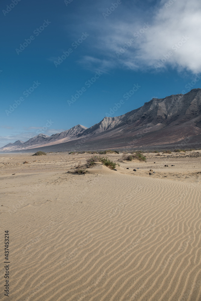 cofete beach with an expanse of mountains on a sunny day in fuerteventura