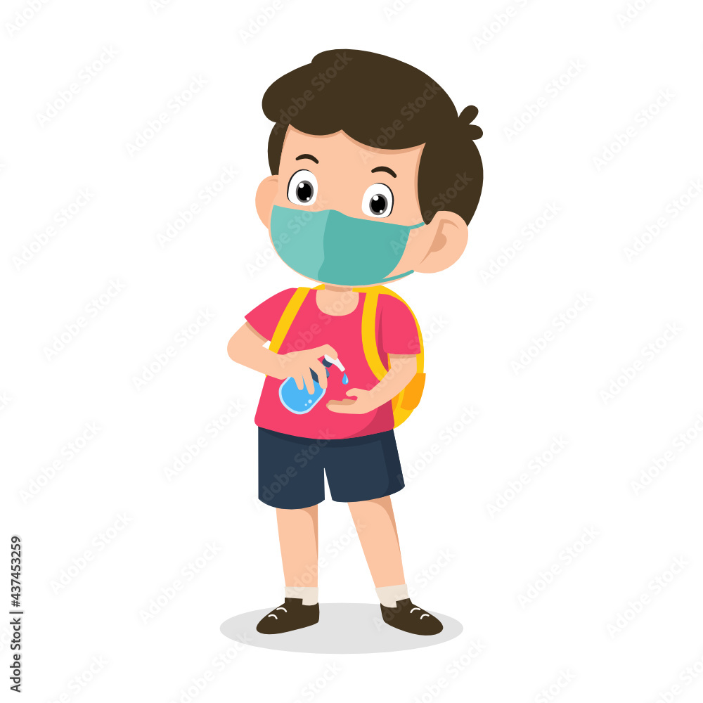 Back to school for new normal concept. Cute little kid student boy wearing face mask and use alcohol gel to clean hands. Children with bags and books for learning. Character vector illustration.