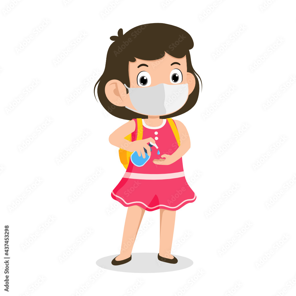 Back to school for new normal concept. Cute little kid student girl wearing face mask and use alcohol gel to clean hands. Children with bags and books for learning. Character vector illustration.