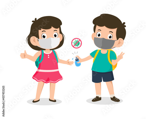 Back to school for new normal. Cute little kid student boy and girl wearing face mask and use alcohol gel to clean hands. Children with bags and books for learning. Character vector illustration.