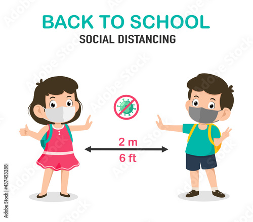 Social distancing for back to school concept. Cute little student kids wearing face mask and social distancing protect coronavirus covid 19. child with backpack bag for learning. vector illustration.