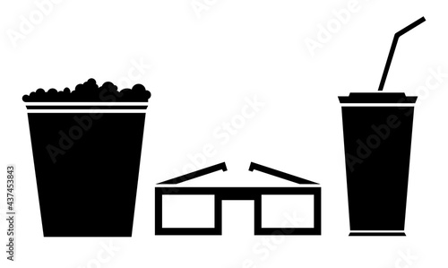 Cinema icons set. Black silhouette of popcorn, a glass with a straw and glasses. Stock vector illustration isolated on a white background.