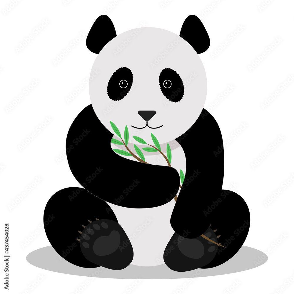 Obraz premium Cute panda with bamboo. Cute drawing of a panda bear with a bamboo branch in its paws.