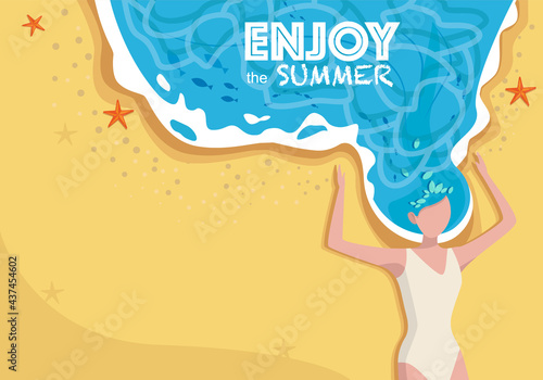 A woman with the sea in her hair. Vector summer beach, enjoy the summer background.