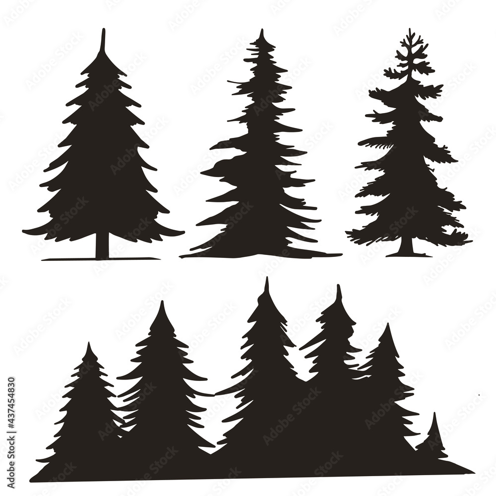 Obraz premium Trees Forest Silhouettes Set vintage . Vector illustration. Tree, Christmas fir tree, black silhouette isolated on white background
