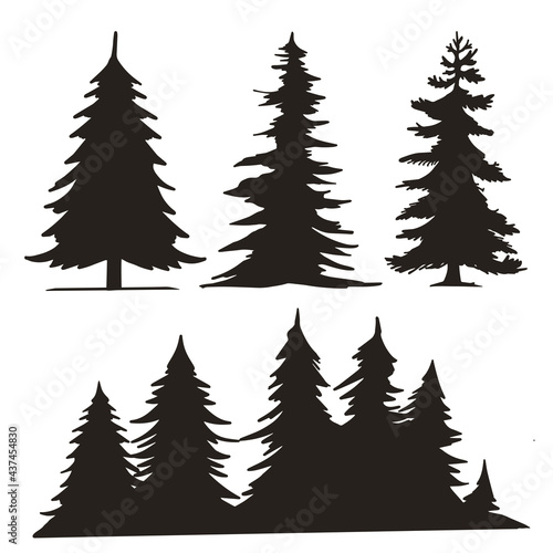 Trees Forest Silhouettes Set vintage . Vector illustration. Tree, Christmas fir tree, black silhouette isolated on white background