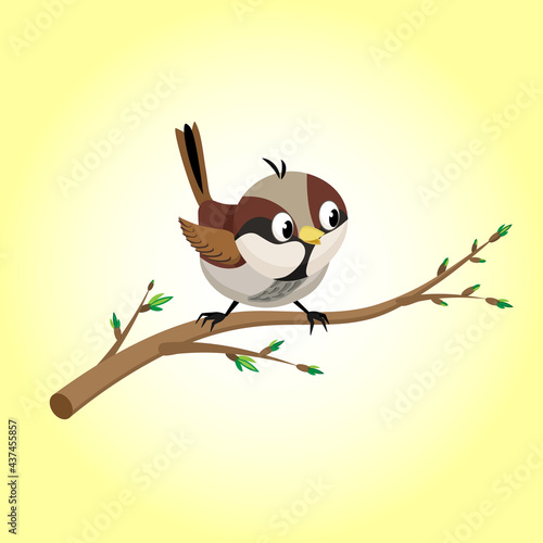 Cartoon sparrow on a branch in the spring. Vector illustration of a cartoon sparrow for animation. All the details are on separate layers with names. Editable strokes.
